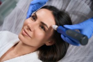 Plastic surgeon holding a microneedling device against a smiling patient's face